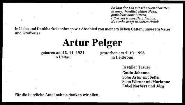 Pelger Artur 1921-1998 Todesanzeige